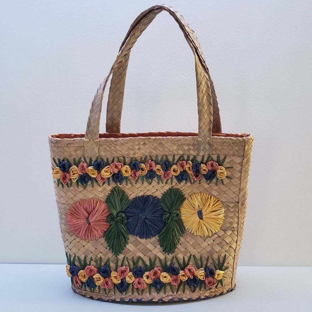 Vintage Woven Palm Leaves Tote Tourist Beach Bag Purse Raffia Floral MCM